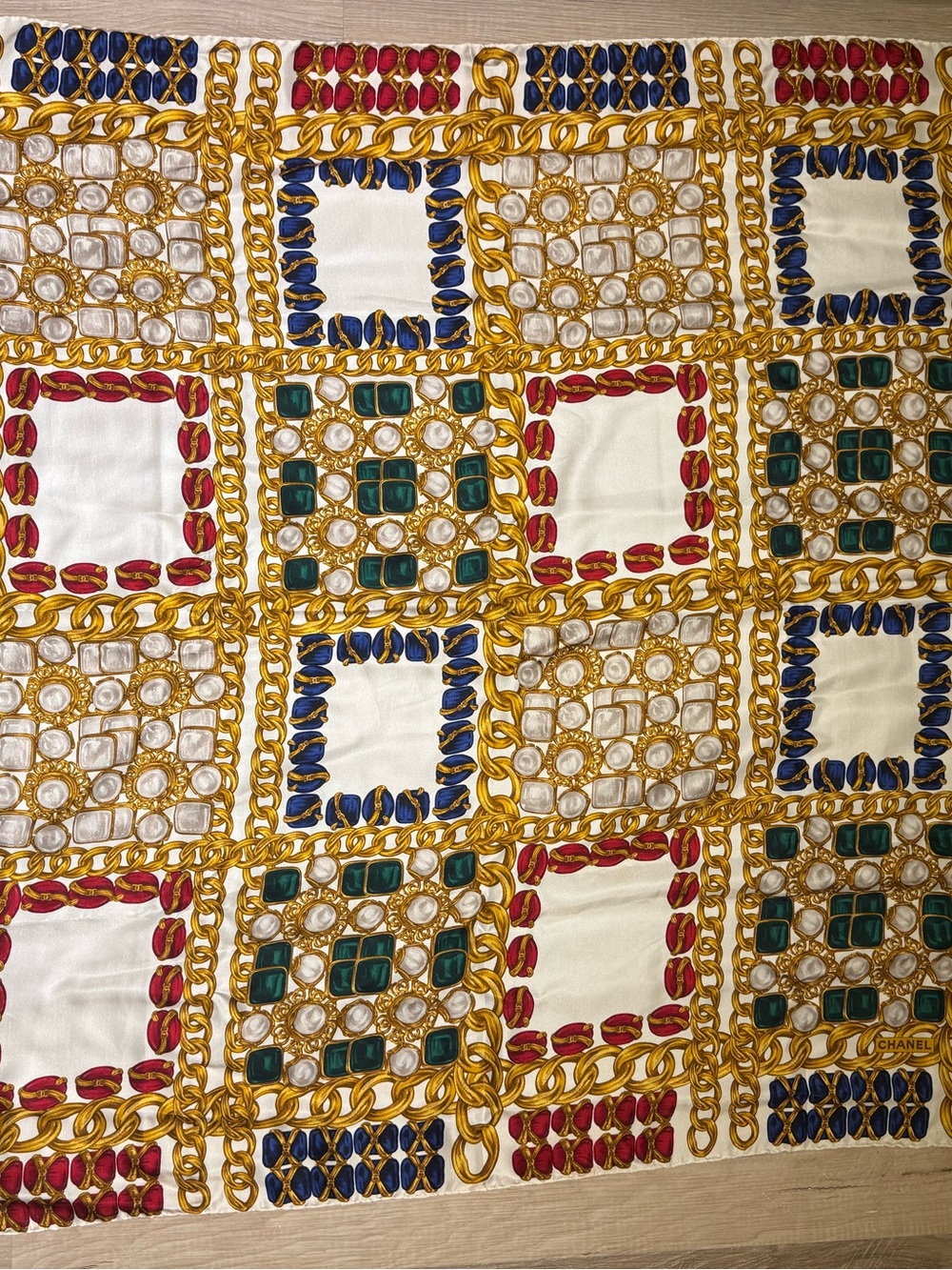 Authentic Vintage Chanel Rhinestone jewel print silk scarf